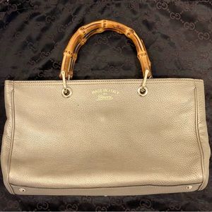 GUCCI Bamboo Shopper Medium Handbag Tote Leather Authentic Gold Pewter Taupe EUC